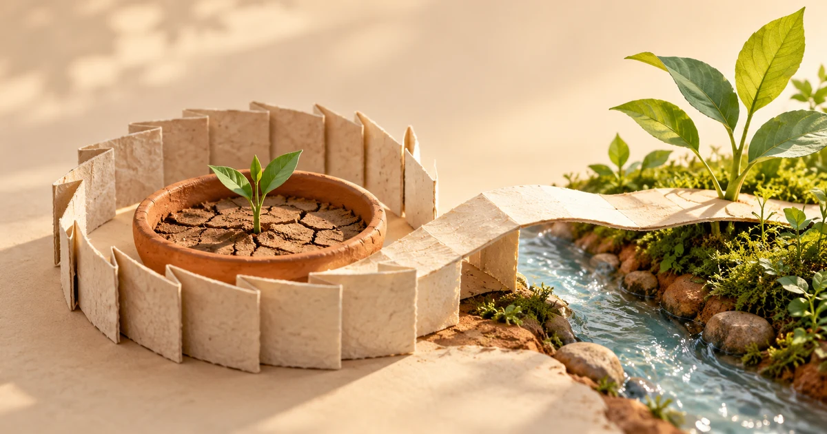 A circular paper path opens into a bridge toward water and flourishing plants, symbolising a way out of poverty