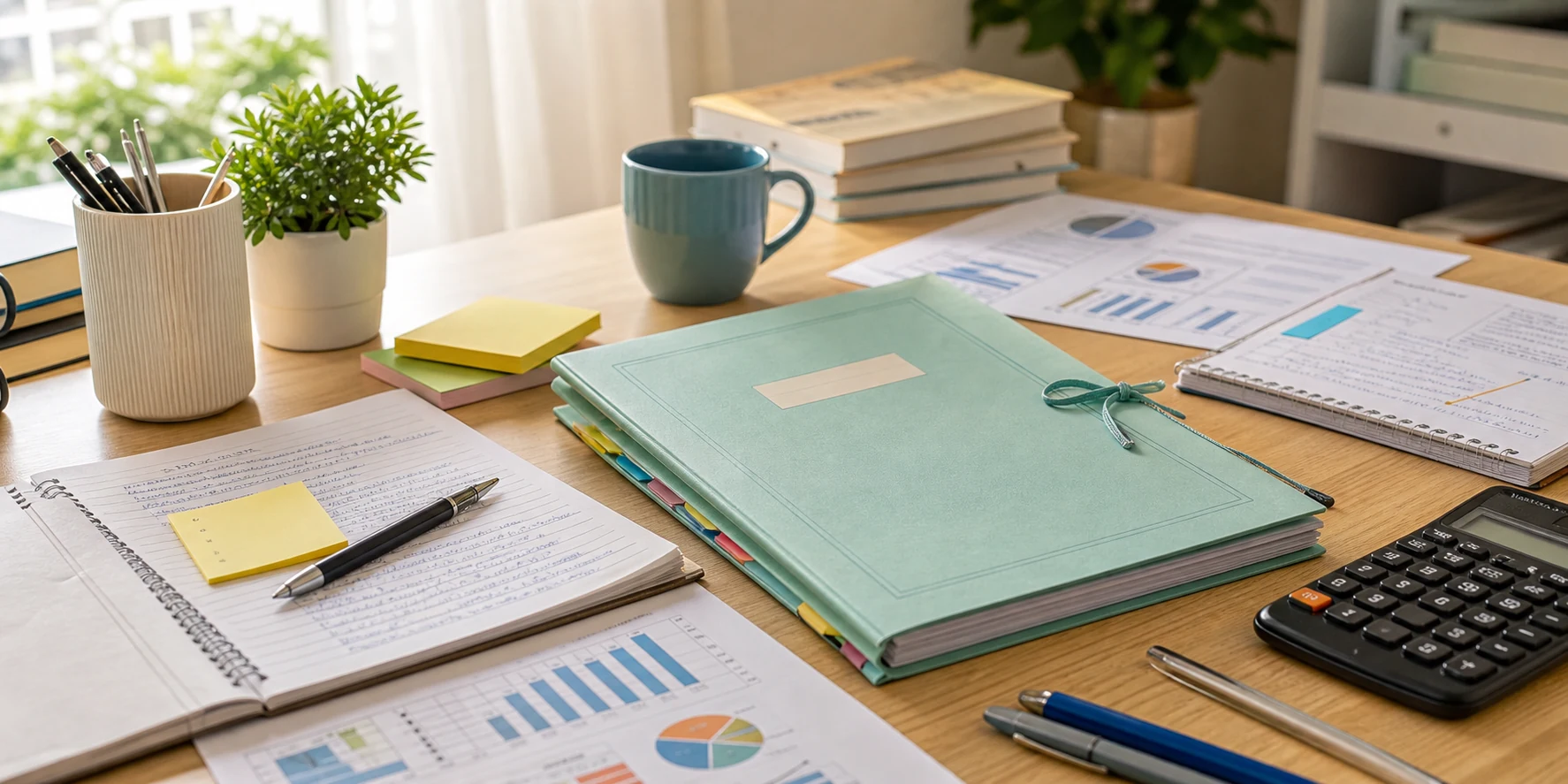 A calm study desk with commerce notebooks, simple graphs, a calculator, and books arranged for Class 11