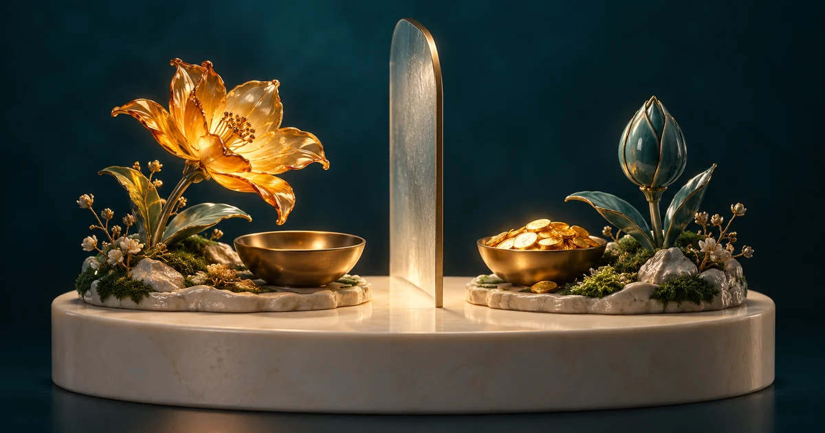 An open amber flower beside an empty bowl and a closed teal bud beside coins, showing earning and payment at different times