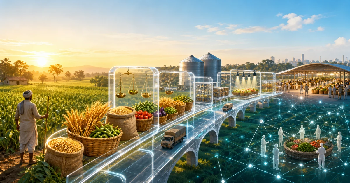 A farmer's harvest moving from fields through weighing, storage, transport, grading, and digital market pathways toward a fair marketplace