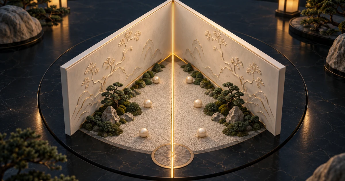 A golden path divides a garden between two ceramic walls into equal angles