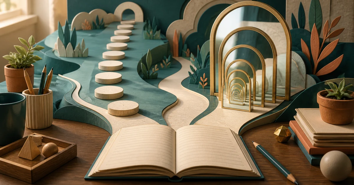 A study desk with two paths from an open notebook, one made of equal stepping stones and one made of expanding mirrored arches