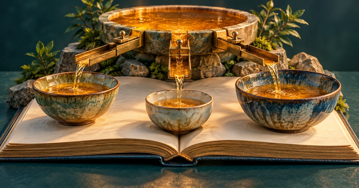 A finite reservoir shares golden water through brass channels into three partly filled bowls on an open ledger