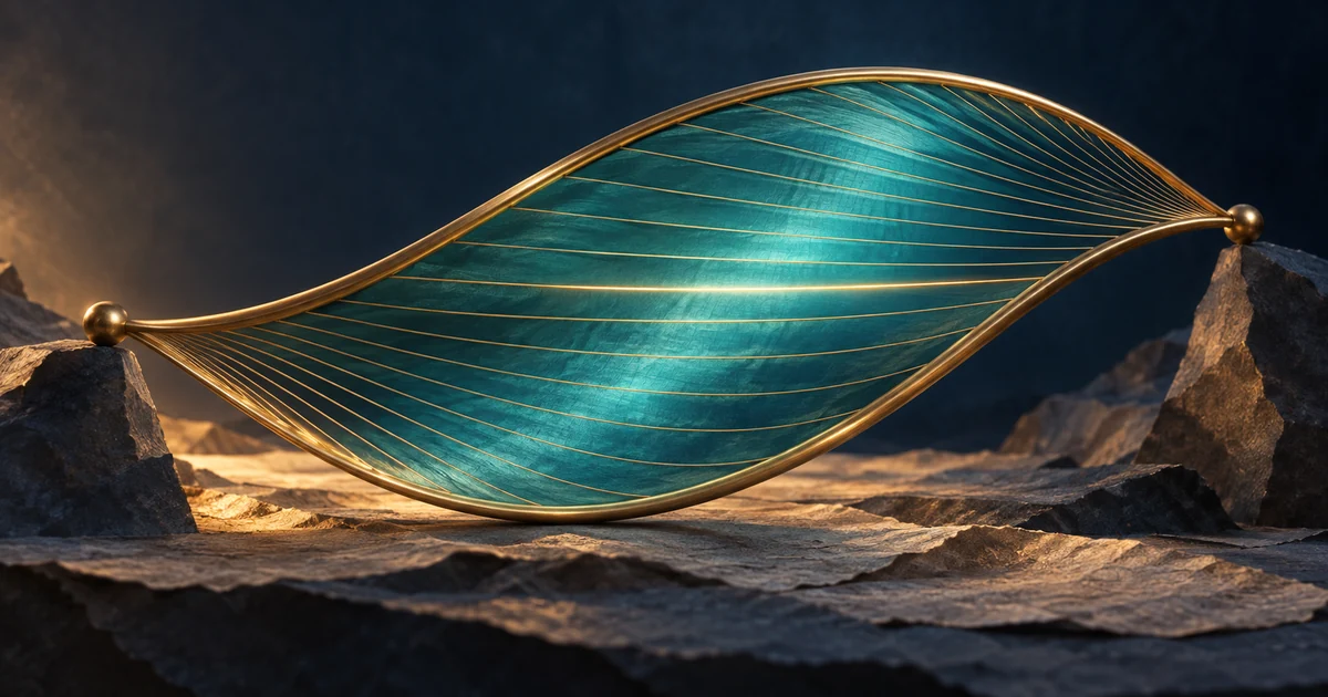 Fine golden threads weave the space between two curved brass rails into a glowing teal membrane