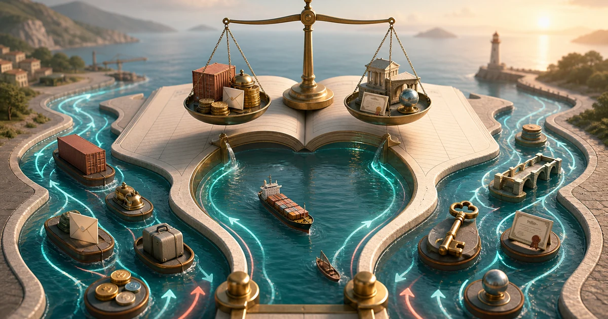 A balanced ledger harbor with trade goods, income tokens, asset keys, and glowing money flows