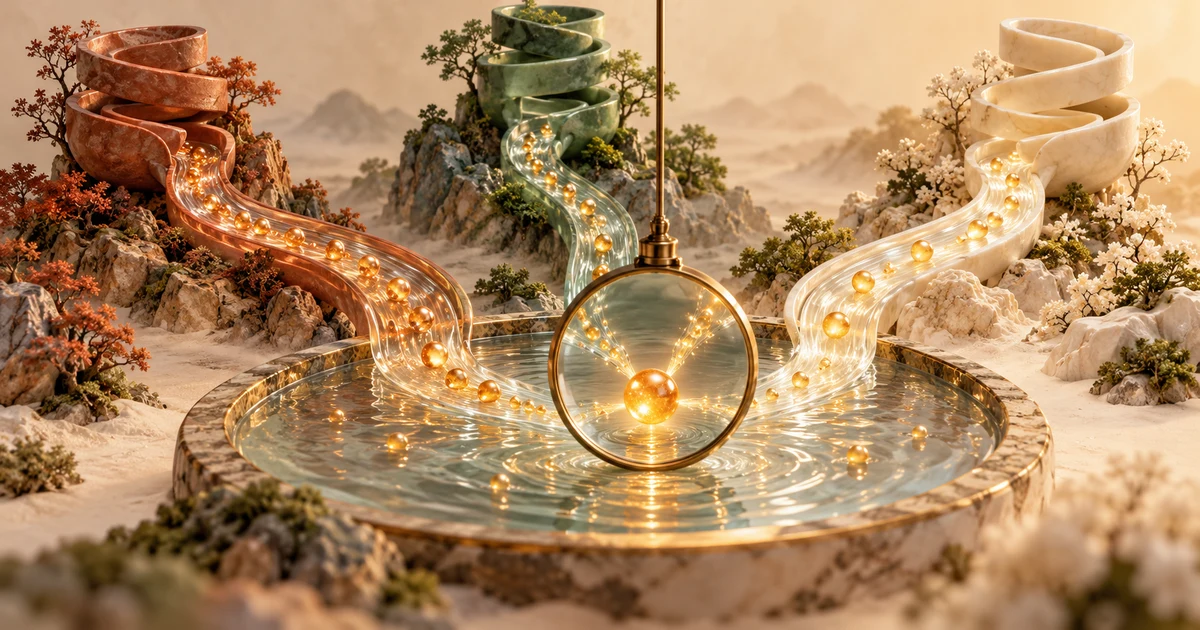 Three pearl-filled streams meet in a pool where a brass lens traces one pearl back towards its possible origins
