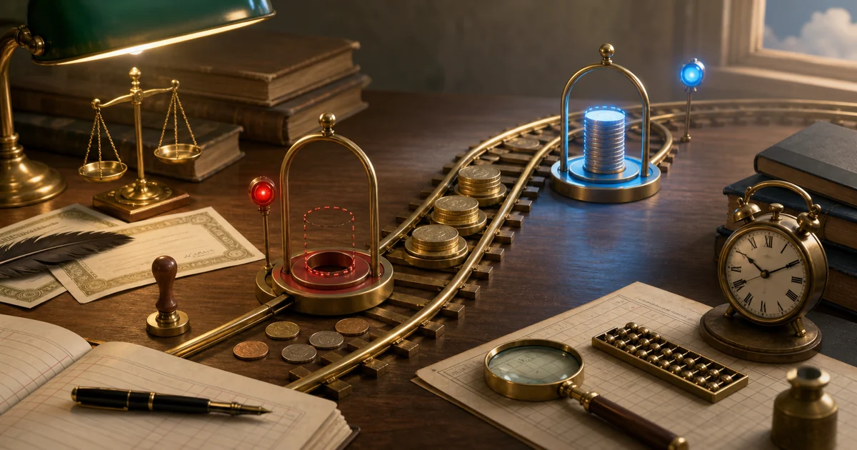 A brass ledger railway showing missing overdue coins for calls in arrears and future coins paid early for calls in advance