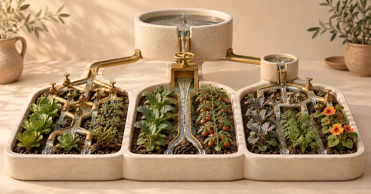 Three ceramic gardens sharing limited water through independent, central and combined brass irrigation channels
