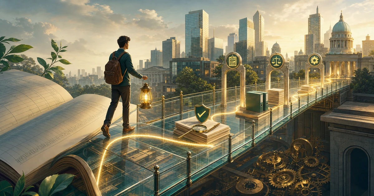 A commerce student carrying a lantern across a glass ledger bridge, following an audit trail through a business city