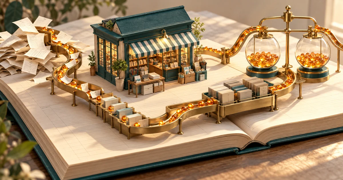 A miniature stationery shop on an open ledger, surrounded by a brass channel carrying amber beads into balanced glass vessels