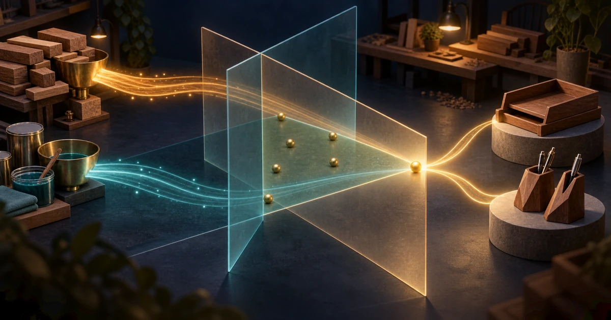 Workshop resources passing through glass boundaries and meeting at one glowing optimal corner