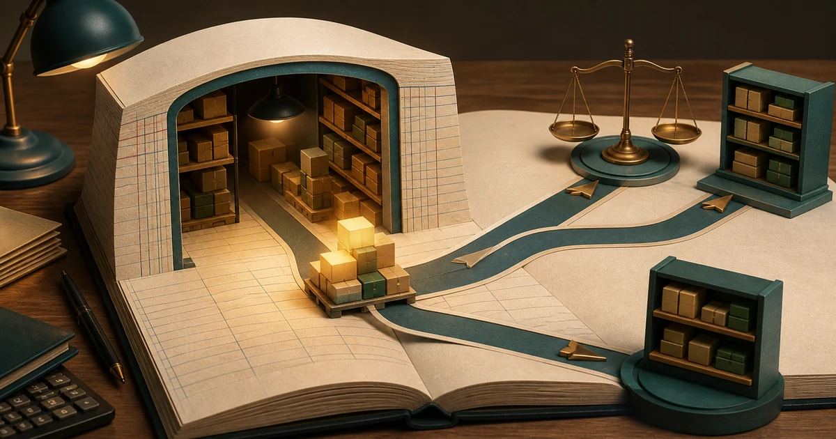 A miniature ledger warehouse where unsold inventory boxes split toward a trading account scale and a balance sheet shelf