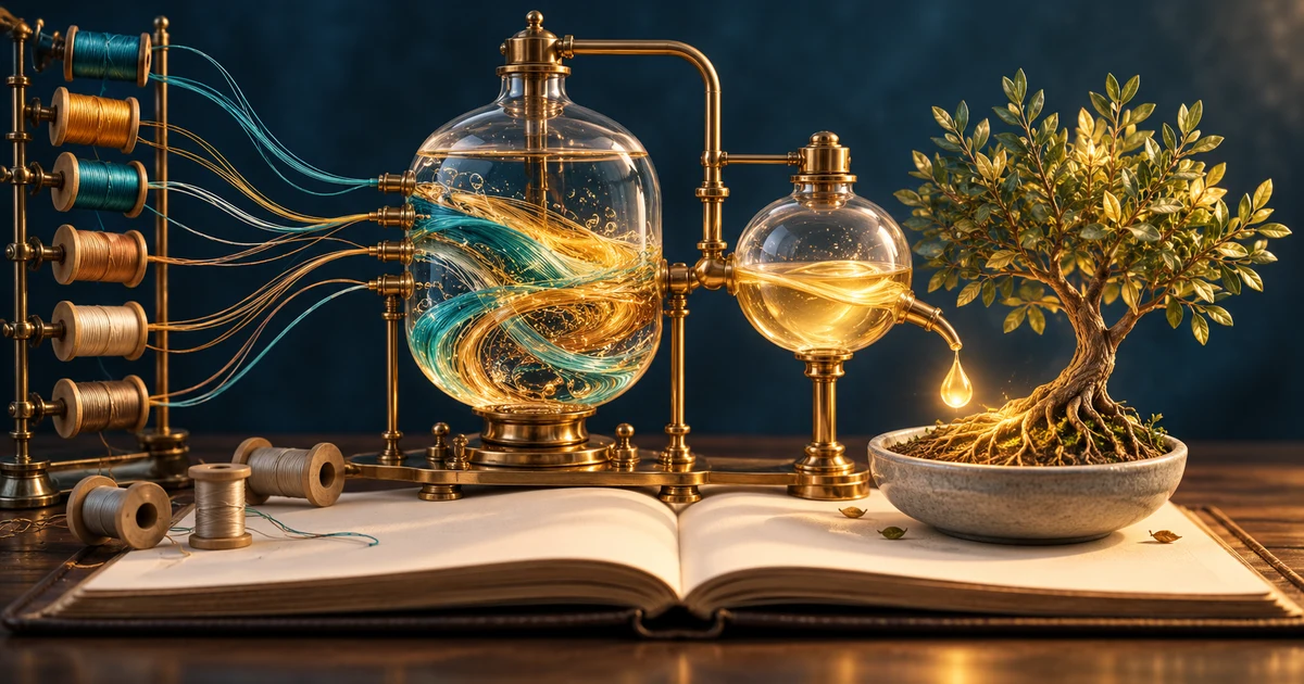 Teal and gold threads pass through two glass chambers into a golden drop nourishing a tree on an open ledger