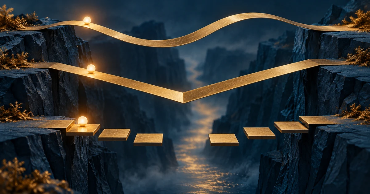 Three golden paths cross a chasm as a smooth ribbon, a connected sharp fold and separated steps