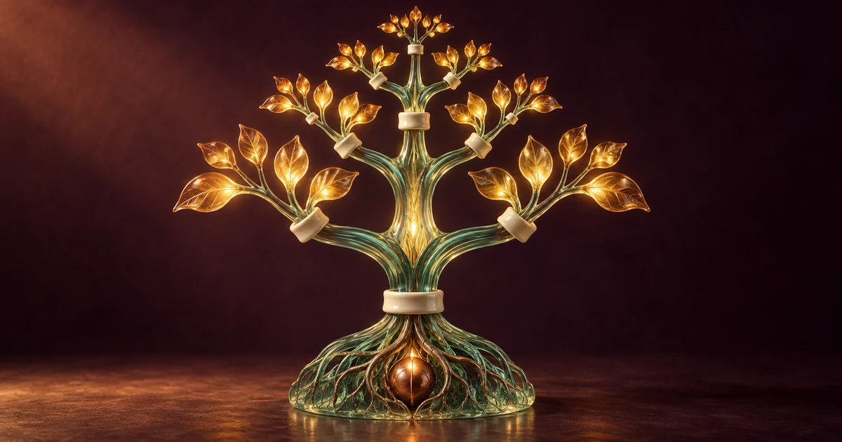 A glass tree with glowing leaves and ceramic collars symbolising credit expansion within limits