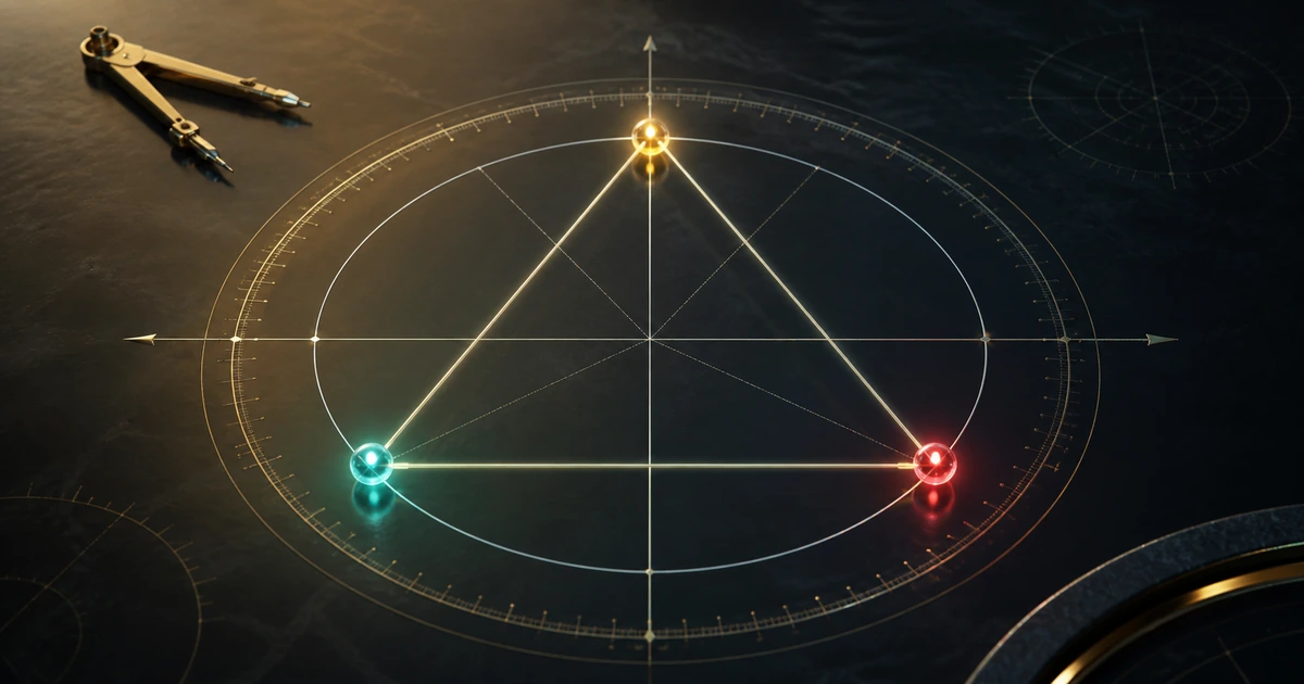 A triangular clock of complex roots casting three colored paths across an Argand plane