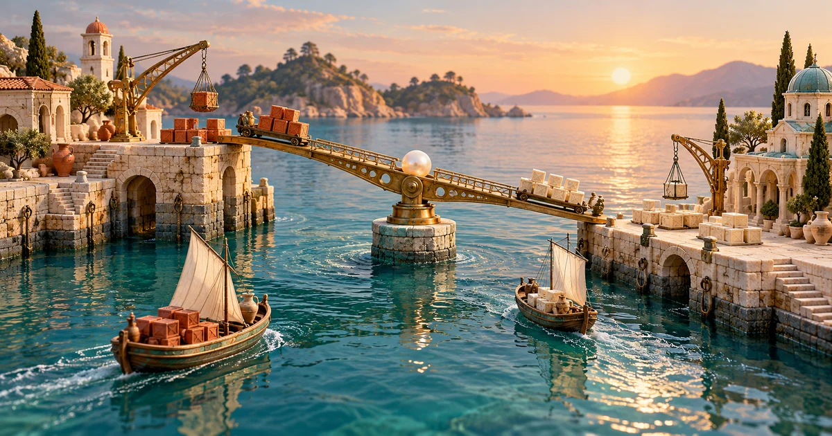 A brass balance bridge tilts between two trading harbours as cargo boats cross the water below
