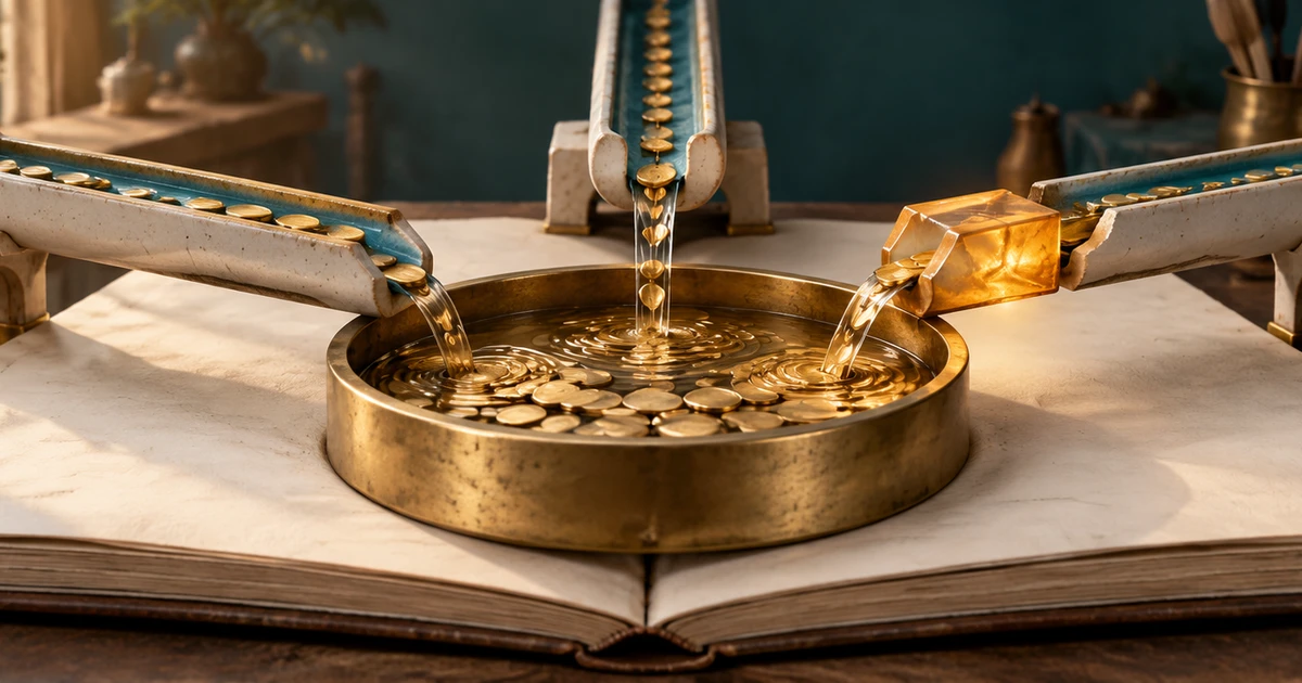 An amber piece repairs one of three channels feeding a shared brass pool on an open ledger