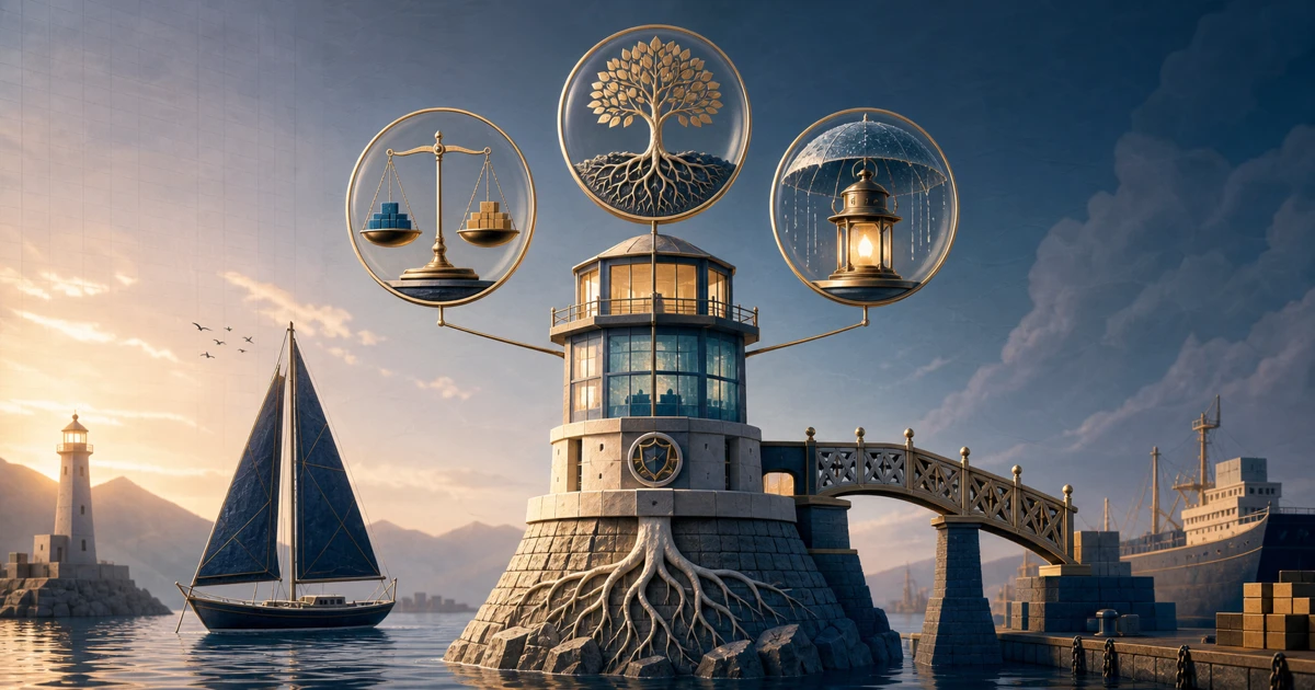 A financial harbor tower showing a balance scale, owner capital roots, and a lantern shield for interest payments
