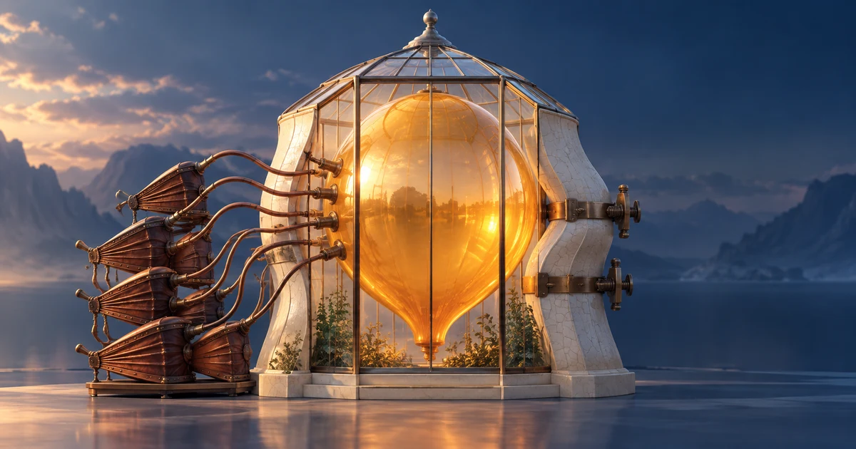 Copper bellows and narrowing ceramic walls put two kinds of pressure on a glowing amber balloon