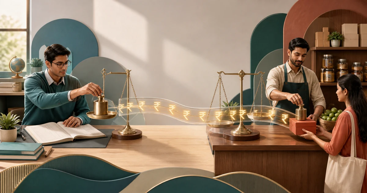 Two balance scales showing a tax weight resting directly on one ledger and moving through a market counter toward a buyer