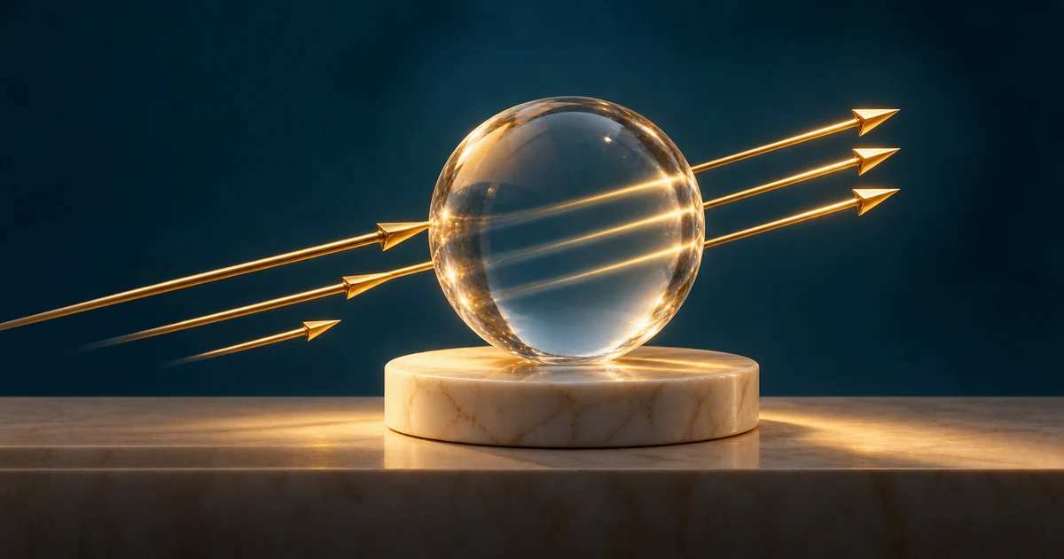 Brass arrows passing through a crystal measuring sphere, symbolising direction preserved as scale changes