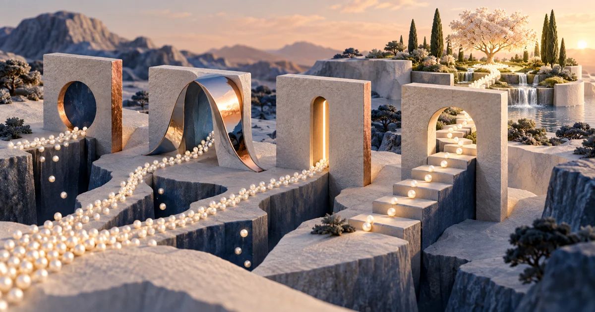 Glowing pearls follow paths through stone gateways and steps toward a sunlit garden
