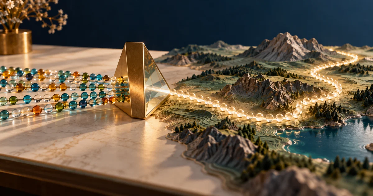Rows of glass beads pass through a brass prism into a glowing path across a miniature landscape