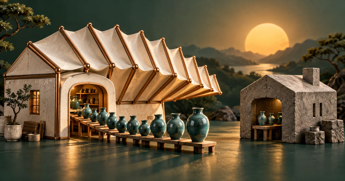 An accordion-roof workshop expands beside a rigid stone workshop as teal pottery emerges into warm sunlight