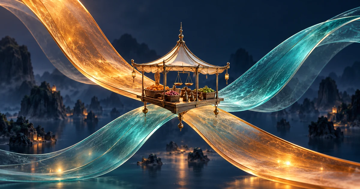 A miniature market suspended at the crossing of amber and teal glass ribbons