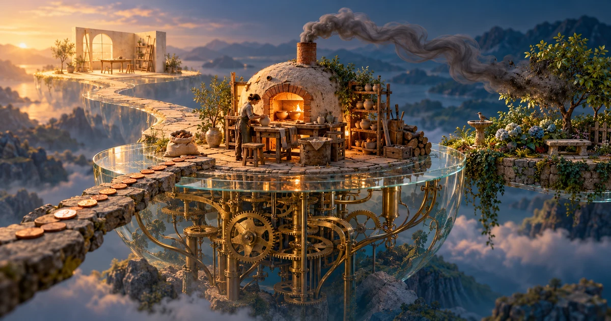 A pottery workshop rests on hidden brass clockwork while coins approach its door and smoke reaches a neighbouring garden