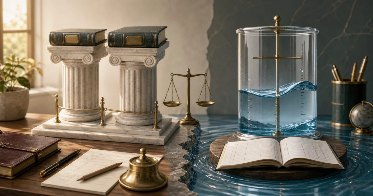 Two steady ledger pillars beside a glass water gauge showing fixed and fluctuating partner capital balances