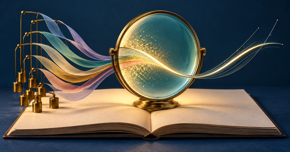 Weighted translucent curves pass through a glowing glass lens above a notebook, revealing their shared pattern
