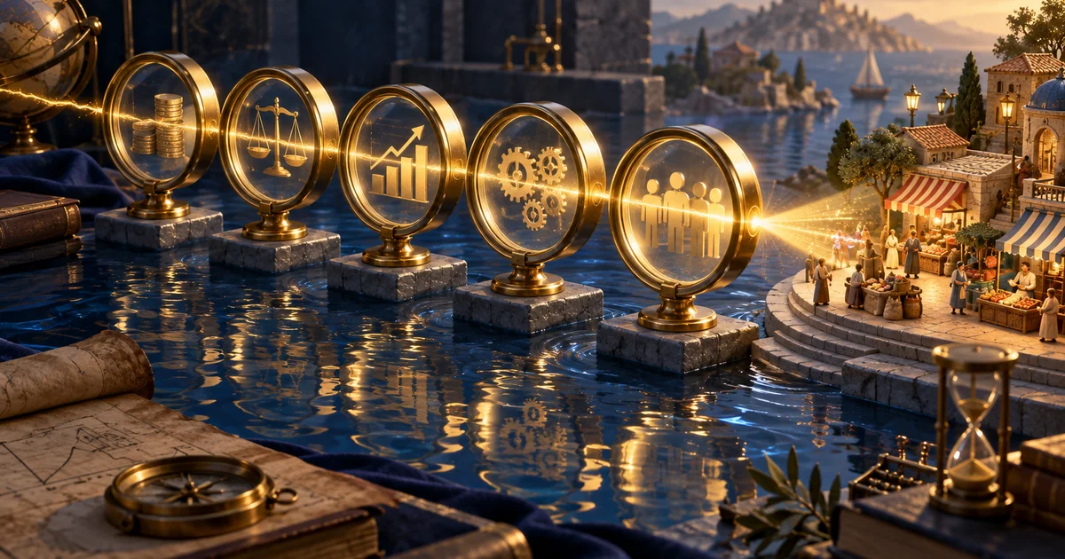 A golden thread passes through five brass lenses across a blue pool and illuminates a miniature market