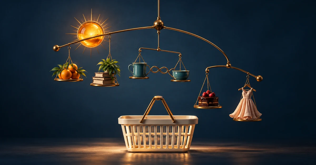 A brass mobile links a rising amber sun, a shopping basket and teal vessels, suggesting connected consumer choices