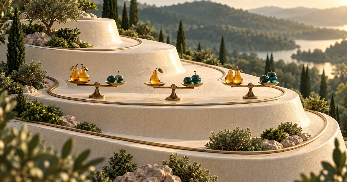 Level brass balances holding different glass fruits along separate contours of a terraced ceramic hillside