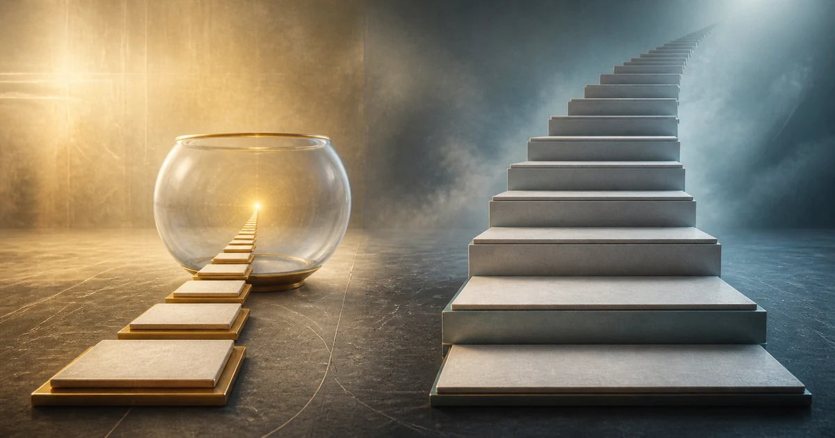 Two stairways showing one geometric progression settling into a glowing bowl while another grows away