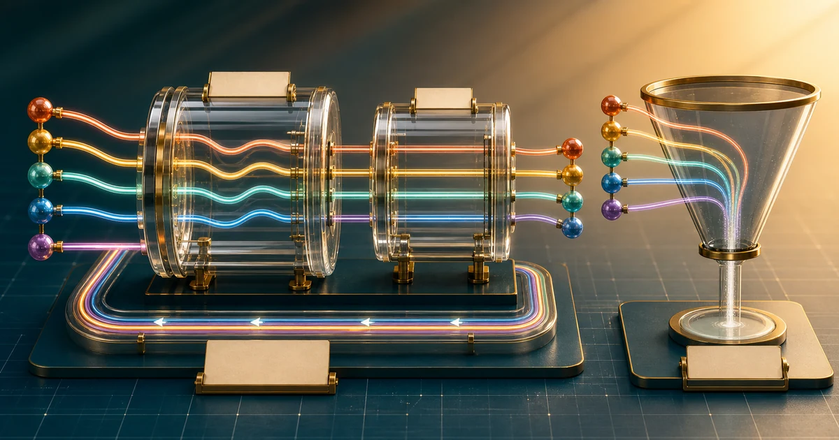 Transparent function machines carrying colored paths forward and backward beside a funnel where paths merge