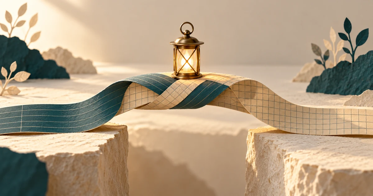 Two paper paths with ledger lines and a square grid join into a bridge supporting a glowing lantern.