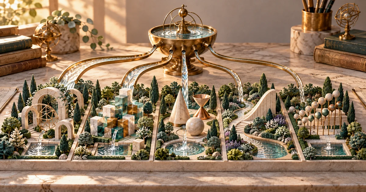 A brass irrigation system shares light among five miniature mathematical gardens
