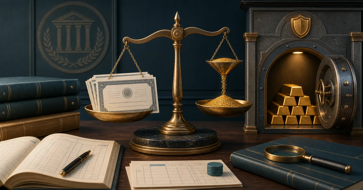 A brass scale balancing share certificates and a protected golden reserve vault for securities premium