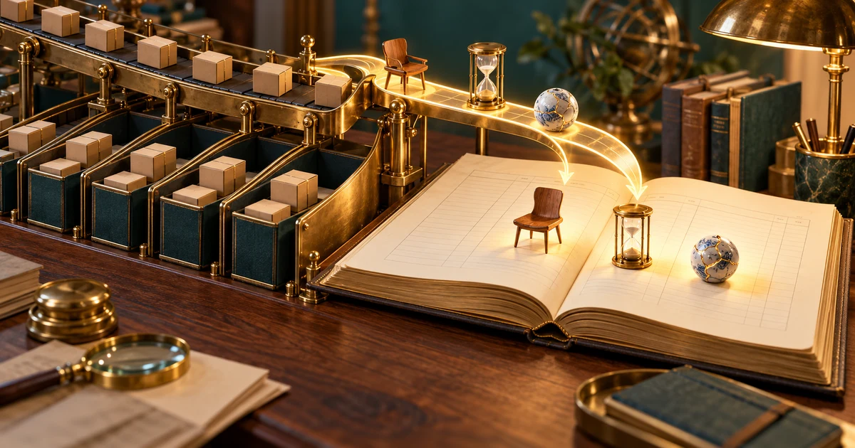A brass sorting station guides unusual objects into an open ledger while matching parcels follow regular channels