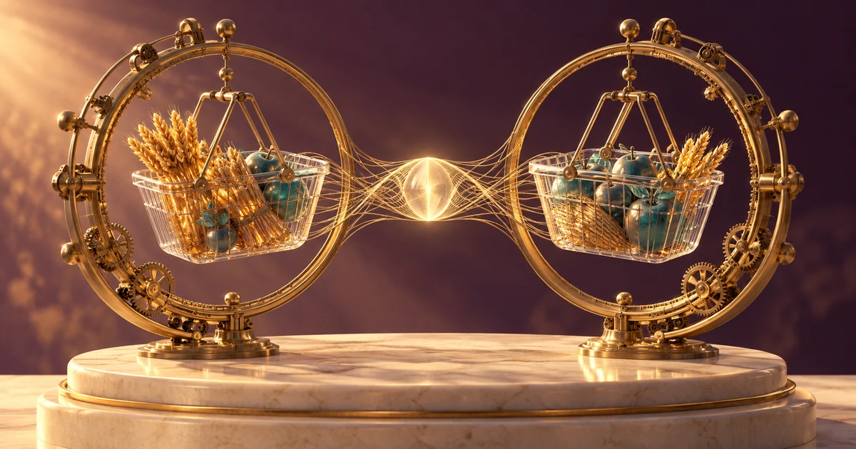 Two baskets in brass time rings weave threads into a shared golden lens.