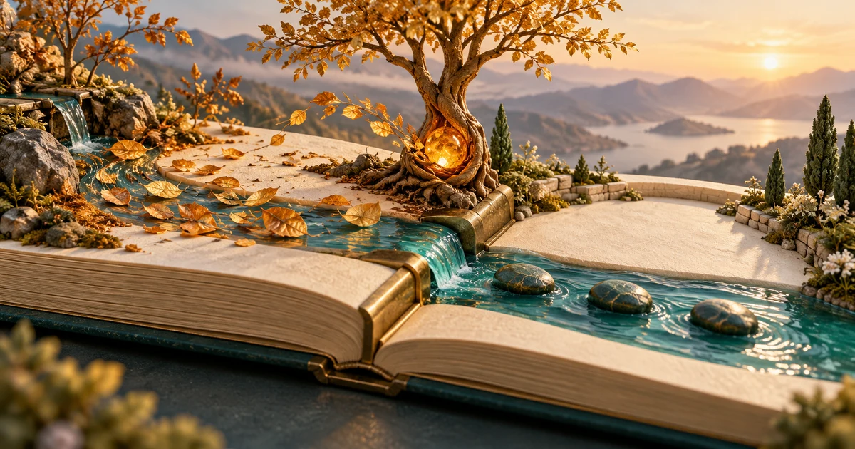 A teal river continues across an open ledger garden as golden leaves gather beside a rooted tree