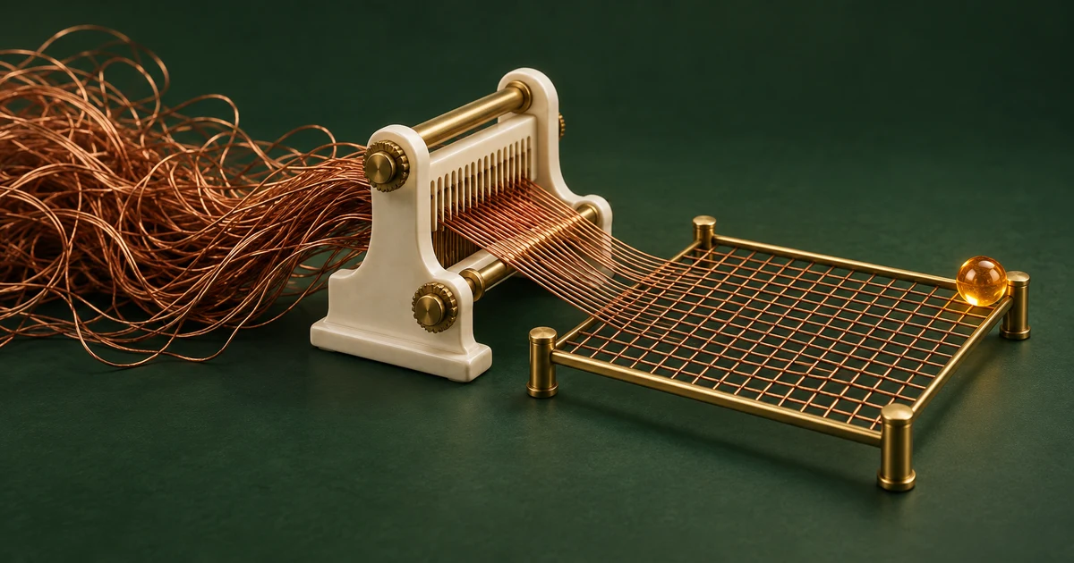 Copper threads become an orderly grid in an ivory loom, with an amber bead at a corner enclosed by brass rails