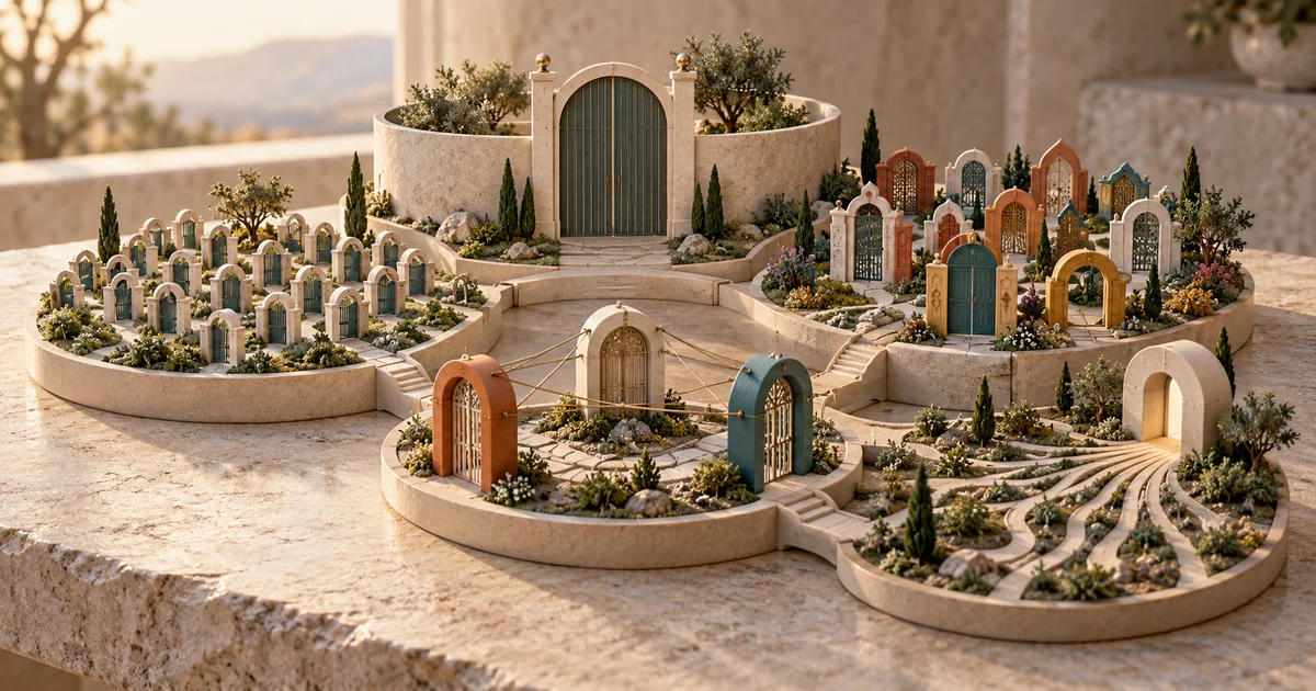 Five ceramic gardens use gates and pathways to represent different patterns of market choice.