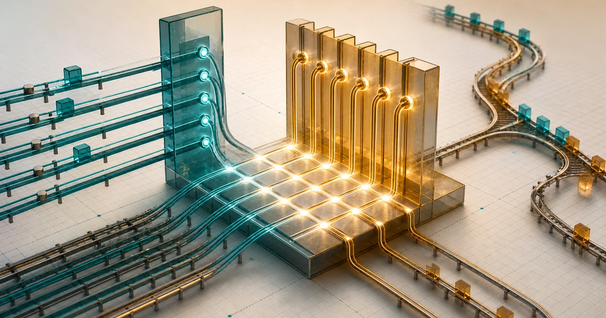 Glass matrix gates and glowing rail tracks meeting on a grid to show row and column multiplication