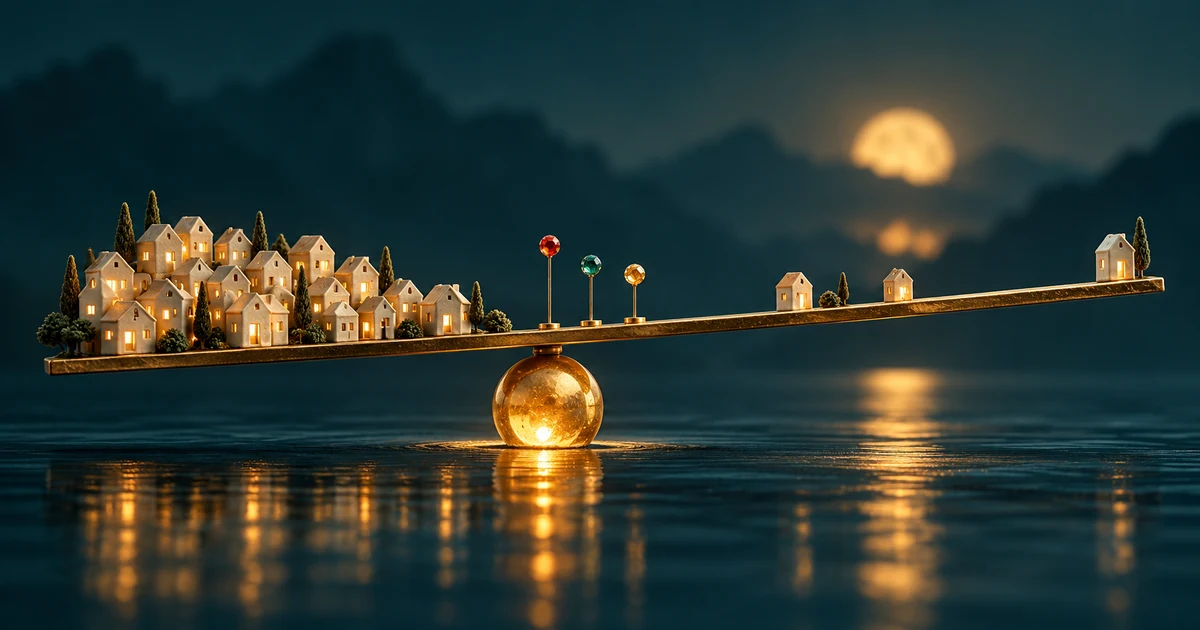 Ceramic houses clustered on a brass balance beam with a sparse trail stretching towards a distant house above dark teal water