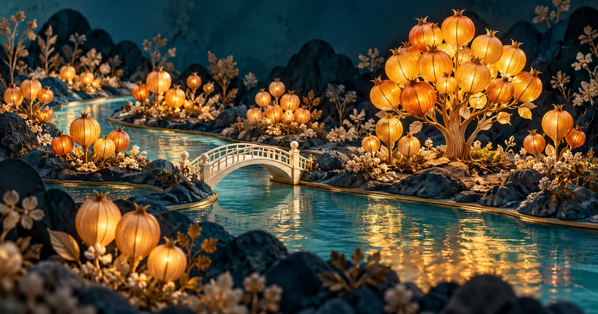 An ivory bridge across a teal river and a glowing tree among clustered seed pods, suggesting the halfway point and greatest concentration