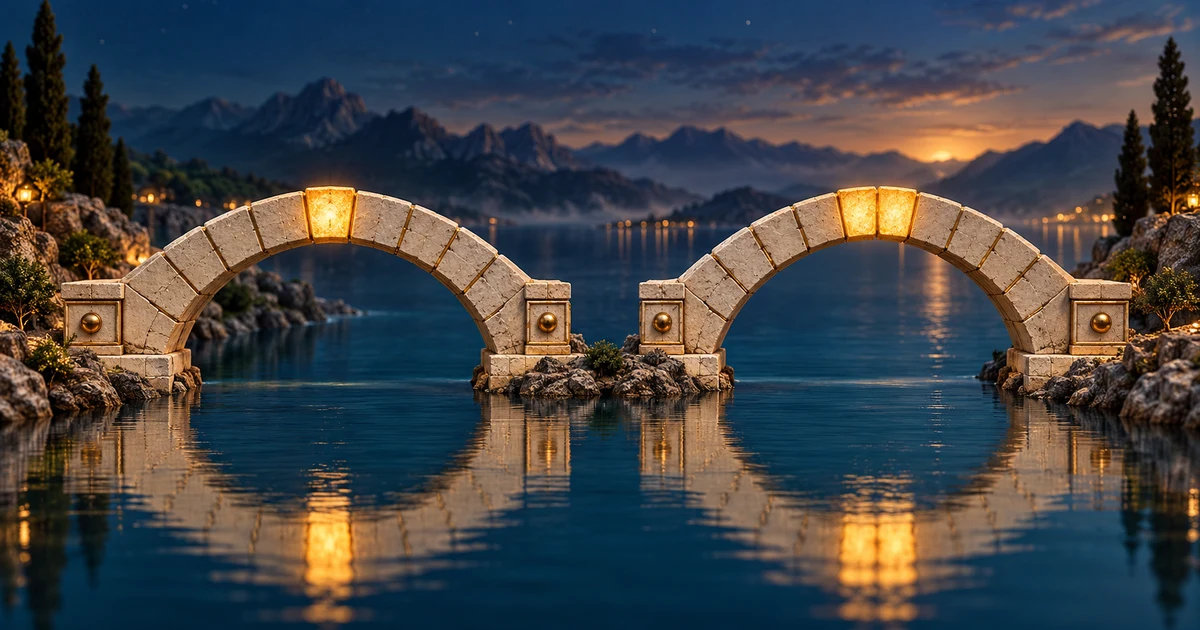 Two stone bridges over still water, one with a glowing central keystone and the other with paired glowing centre stones